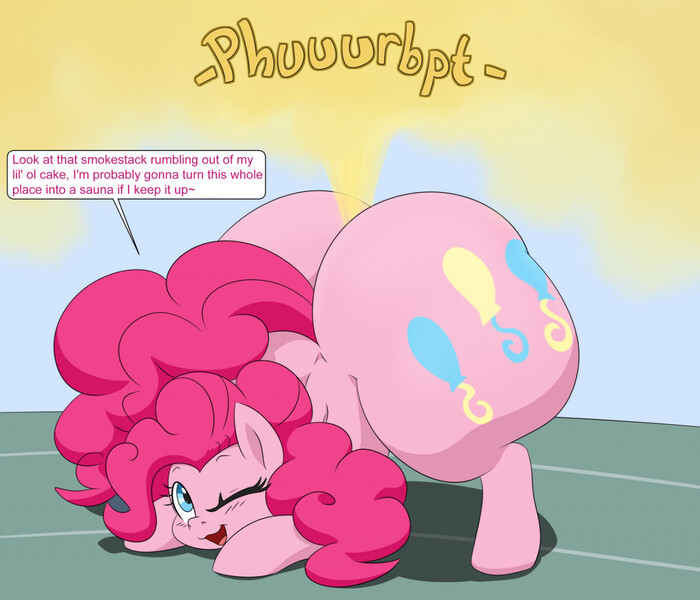 Size: 1280x1097 | Tagged: questionable, artist:dendollae, derpibooru import, pinkie pie, earth pony, pony, balloonbutt, butt, dialogue, eyes closed, face down ass up, fart, fart cloud, fart fetish, fart noise, female, fetish, huge butt, image, jpeg, large butt, one eye closed, onomatopoeia, open mouth, open smile, smiling, solo, solo female, sound effects, speech bubble