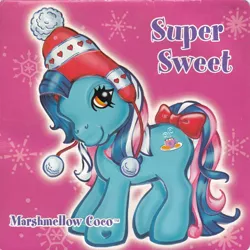 Size: 1080x1080 | Tagged: safe, derpibooru import, official, earth pony, pony, blue coat, blue mane, bow, brown eyes, caption, clothes, g3, hat, heart, heart hoof, image, jpeg, marshmellow cocoa, name tag, pattern, pink background, pink mane, pom pom, simple background, snow, snowflake, solo, tail, tail bow, text, toboggan, winter outfit