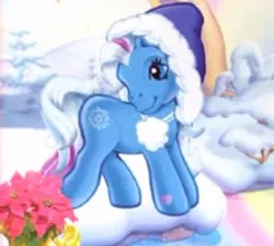 Size: 402x361 | Tagged: safe, derpibooru import, official, snowflake (g3), earth pony, pony, backcard, blue coat, flower, g3, hat, image, jpeg, outdoors, pom pom, snow, solo, standing, whie mane, winter