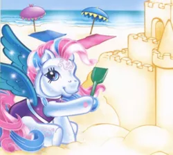 Size: 388x348 | Tagged: safe, artist:lyn fletcher, derpibooru import, official, star catcher, pegasus, pony, beach, clothed ponies, clothes, image, jpeg, sand, sandcastle, shovel, sitting, solo, swimsuit, tankini, umbrella, water