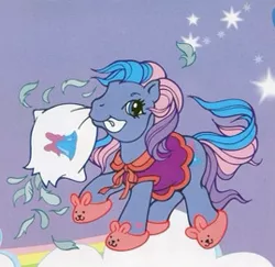 Size: 269x261 | Tagged: safe, derpibooru import, official, tink-a-tink-a-too, earth pony, pony, bunny slippers, clothes, feather, g3, image, jpeg, multicolored mane, pillow, pillow fight, shirt, sleepover, slippers, solo