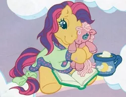 Size: 274x210 | Tagged: safe, derpibooru import, official, pinkie pie, scootaloo, scootaloo (g3), earth pony, pony, bedtime, bedtime story, book, bow, chocolate, clothed ponies, clothes, cloud, dress, food, g3, hot chocolate, image, jpeg, mug, nightgown, pinkie pie plushie, plushie, pony plushie, rainbow, sitting, solo, tail, tail bow