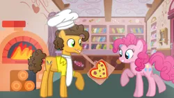 Size: 1280x720 | Tagged: safe, artist:mlplary6, derpibooru import, cheese sandwich, pinkie pie, earth pony, pony, cheesepie, chef's hat, female, food, hat, image, male, mare, pizza, png, shipping, smiling, stallion, straight