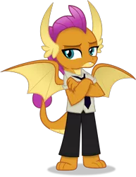 Size: 4306x5566 | Tagged: safe, artist:anime-equestria, derpibooru import, smolder, dragon, clothes, crossed arms, female, horns, image, necktie, png, simple background, solo, suit, transparent background, vector, wings