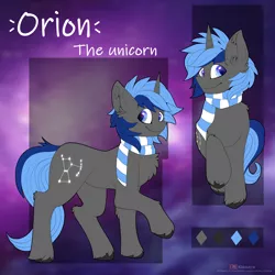 Size: 2500x2500 | Tagged: safe, artist:kianara, derpibooru import, oc, oc:orion, unicorn, image, png, reference sheet, twitter link