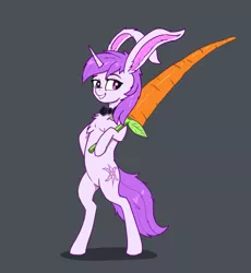 Size: 1877x2041 | Tagged: safe, artist:rosik, artist:xbi, derpibooru import, oc, oc:lapush buns, unofficial characters only, bunnycorn, pony, bipedal, bowtie, bunny ears, carrot, food, gray background, image, male, png, simple background, solo, stallion