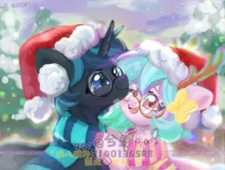 Size: 2185x1650 | Tagged: safe, artist:xi wen, derpibooru import, oc, oc:楠, unofficial characters only, pony, unicorn, christmas, clothes, glasses, hat, holiday, image, muffler, png, santa hat, scarf, snow, striped scarf, sweethearts