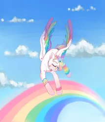 Size: 1920x2238 | Tagged: safe, artist:chukcha, derpibooru import, oc, unofficial characters only, pegasus, pony, bandaid, barrette, cloud, colored wings, eyes closed, female, flying, image, jewelry, mare, multicolored wings, necklace, png, rainbow, rainbow wings, sky, smiling, solo, spread wings, tail bracelet, wings, wristband