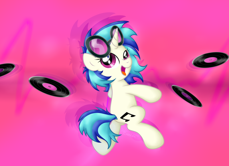 Size: 3611x2626 | Tagged: safe, artist:background basset, derpibooru import, vinyl scratch, pony, unicorn, abstract background, glasses, image, open mouth, png, record, solo