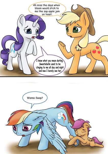 Size: 2892x4096 | Tagged: safe, artist:db, artist:dbcreativearts, derpibooru import, applejack, rainbow dash, rarity, scootaloo, earth pony, pegasus, unicorn, 2 panel comic, comic, cute, cutealoo, floppy ears, hug, image, jpeg, leg hug, rainbow dash is not amused, unamused