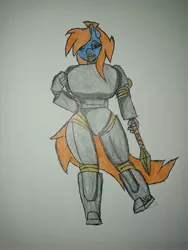 Size: 3120x4160 | Tagged: safe, artist:mental, derpibooru import, oc, oc:mental shock, fallout equestria, alternate universe, armor, image, jpeg, power armor, spear, thicc ass, traditional art, weapon