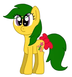 Size: 677x717 | Tagged: safe, artist:funnyclowns64, derpibooru import, magic star, earth pony, pony, adorablestar, bow, colored, cute, eye clipping through hair, female, full body, g1, g1 to g4, g4, generation leap, green hair, green mane, green tail, hooves, image, mare, png, purple eyes, red bow, simple background, smiling, solo, standing, tail, tail bow, transparent background