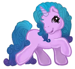 Size: 260x240 | Tagged: safe, artist:vernorexia, derpibooru import, edit, vector edit, izzy moonbow, pony, unicorn, my little pony: a new generation, abomination, blue mane, curly hair, curly mane, g3, g5, g5 to g3, gradient mane, image, png, purple coat, recolor, solo, vector
