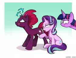 Size: 3821x2894 | Tagged: safe, artist:lummh, derpibooru import, fizzlepop berrytwist, starlight glimmer, tempest shadow, twilight sparkle, alicorn, pony, unicorn, female, horn, image, mare, png, sparking horn, tongue out, trio