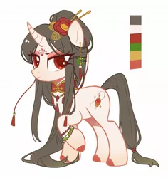 Size: 1693x1793 | Tagged: safe, artist:xieyanbbb, derpibooru import, oc, unofficial characters only, unicorn, bracelet, choker, colored hooves, curved horn, flower, flower in hair, hairpin, horn, image, jewelry, jpeg, long mane, red eyes, simple background, solo, tassels, white background