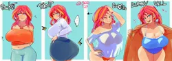 Size: 4096x1463 | Tagged: suggestive, artist:sozglitch, derpibooru import, sunset shimmer, human, ..., big breasts, breasts, bunset shimmer, busty sunset shimmer, butt, curtain call challenge, emanata, floating heart, heart, huge breasts, humanized, image, jpeg, large butt, looking at you, looking back, looking back at you, meme, one eye closed, open mouth, open smile, smiling, sweat, sweatdrop, wink