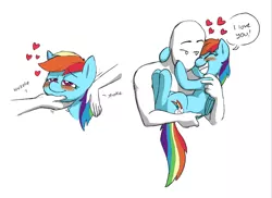 Size: 720x524 | Tagged: safe, artist:mickeymonster, derpibooru import, edit, rainbow dash, oc, oc:anon, human, blushing, chin scratch, cute, dashabetes, heart, hug, image, petting, png, simple background, size difference, smiling, white background