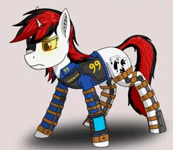 Size: 2472x2139 | Tagged: safe, artist:enteryourponyname, derpibooru import, oc, oc:blackjack, unofficial characters only, pony, unicorn, fallout equestria, fallout equestria: project horizons, ace of spades, angry, armor, clothes, ear fluff, eyepatch, fanfic art, female, glow, glowing eyes, horn, image, leg brace, mare, pipbuck, playing card, png, simple background, solo, unicorn oc