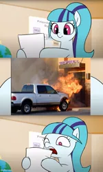 Size: 500x835 | Tagged: safe, artist:doublewbrothers, derpibooru import, edit, sonata dusk, ponified, earth pony, pony, equestria girls, rainbow rocks, fire, image, jpeg, meme, solo, taco bell, truck