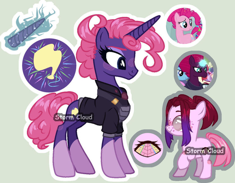 Size: 1024x798 | Tagged: safe, artist:dinkydoolove, derpibooru import, pinkie pie, tempest shadow, oc, pony, unicorn, the ending of the end, the last problem, base used, broken horn, clothes, coat markings, eyelashes, female, filly, foal, glow, glowing horn, horn, image, jpeg, magical lesbian spawn, mare, offspring, parent:pinkie pie, parent:tempest shadow, parents:tempestpie, screencap reference, simple background, socks (coat marking)