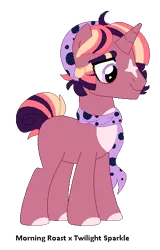Size: 318x498 | Tagged: safe, artist:tragedy-kaz, derpibooru import, oc, unofficial characters only, pony, unicorn, base used, clothes, colored hooves, eyelashes, horn, image, makeup, male, offspring, parent:morning roast, parent:twilight sparkle, png, scarf, simple background, smiling, solo, stallion, transparent background, unicorn oc