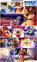 Size: 2840x4680 | Tagged: safe, artist:woonborg, derpibooru import, oc, pegasus, pony, unicorn, airport, beach, burger, christmas, clothes, cookie, crash bandicoot, fireworks, flower, flower in hair, food, gift art, hat, holiday, image, kissing, mcdonald's, png, present, santa hat, socks, television