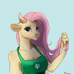 Size: 4000x4000 | Tagged: suggestive, artist:miokomata, derpibooru import, fluttershy, princess celestia, anthro, cow, apron, blue background, blushing, breasts, busty fluttershy, cleavage, clothes, cowified, erect nipples, female, fluttercow, freckles, freckleshy, image, jpeg, looking at you, naked apron, nipple outline, partial nudity, simple background, smiling, smiling at you, solo, solo female, species swap, starbucks