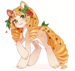 Size: 1024x961 | Tagged: safe, artist:miioko, derpibooru import, oc, unofficial characters only, pony, unicorn, deviantart watermark, food, heart, hoof polish, horn, image, jpeg, obtrusive watermark, raised hoof, simple background, solo, tomato, unicorn oc, watermark, white background