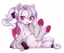 Size: 1024x844 | Tagged: safe, artist:miioko, derpibooru import, oc, unofficial characters only, bat pony, pony, 2021, bat pony oc, bat wings, bow, butt blush, commission, deviantart watermark, eyelashes, female, hair bow, image, jpeg, mare, obtrusive watermark, sitting, solo, tail, tail bow, underhoof, watermark, wings, ych result