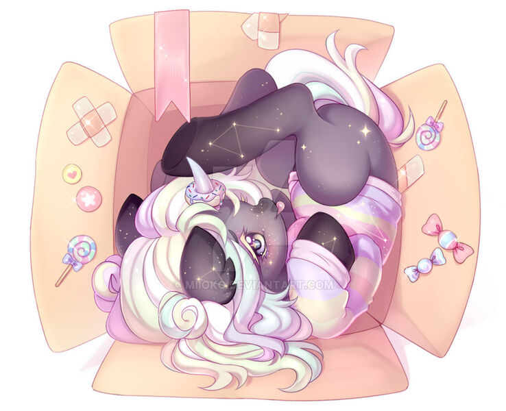 Size: 1024x832 | Tagged: safe, artist:miioko, derpibooru import, oc, unofficial characters only, pony, unicorn, :p, box, candy, cardboard box, clothes, commission, deviantart watermark, female, food, horn, horn ring, image, jewelry, jpeg, mare, obtrusive watermark, pony in a box, ring, solo, starry eyes, tongue out, unicorn oc, watermark, wingding eyes, ych result