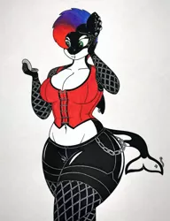Size: 982x1280 | Tagged: suggestive, artist:thaliaglacyswells, derpibooru import, oc, oc:glacy tundra, unofficial characters only, anthro, hybrid, orca, orca pony, original species, breasts, cleavage, clothes, corset, curvy, female, fishnets, image, jpeg, punk, solo, thighs, traditional art