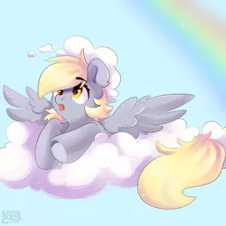 Size: 1280x1280 | Tagged: safe, artist:verylazybread, derpibooru import, derpy hooves, pegasus, pony, cloud, cute, derpabetes, female, image, jpeg, mare, on a cloud, rainbow, sky, solo