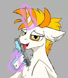 Size: 2056x2344 | Tagged: safe, artist:reddthebat, derpibooru import, oc, oc:covfefe cream, unofficial characters only, pony, unicorn, 1911, chest fluff, ear fluff, eyebrows, eyelashes, floppy ears, glow, glowing horn, gray background, gun, handgun, horn, image, levitation, licking, looking at you, magic, male, micro bel air, open mouth, open smile, pistol, png, simple background, smiling, solo, stallion, telekinesis, tongue out, weapon