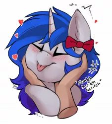 Size: 1855x2048 | Tagged: safe, artist:beardie, derpibooru import, part of a set, oc, oc:diamond nella, human, pony, unicorn, beardies scritching ponies, blue mane, blushing, bow, cute, disembodied hand, ear fluff, eyes closed, female, floating heart, gradient mane, hand, heart, image, jpeg, male, mare, motion lines, ocbetes, offscreen character, petting, simple background, tongue out, white background