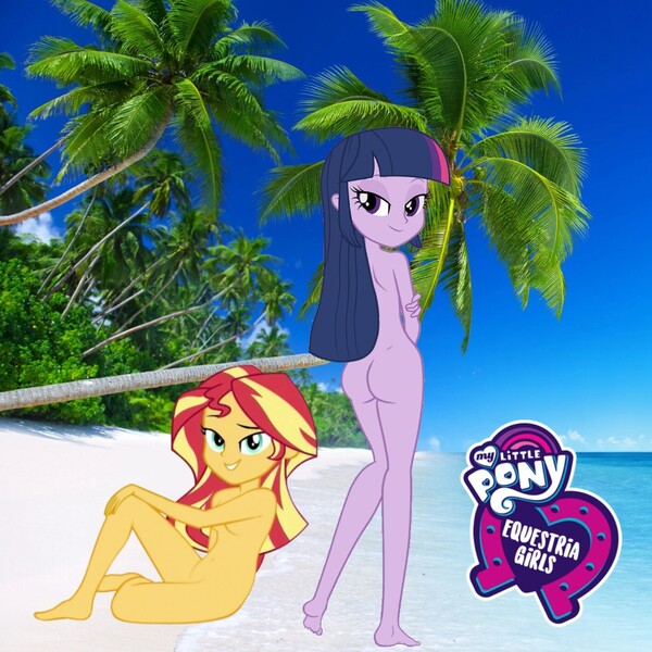 Size: 1418x1418 | Tagged: suggestive, derpibooru import, sunset shimmer, twilight sparkle, equestria girls, equestria girls series, wake up!, spoiler:eqg series (season 2), beach, image, jpeg, palm tree, practitioner of naturism, smugset shimmer, tree, wake up!: applejack