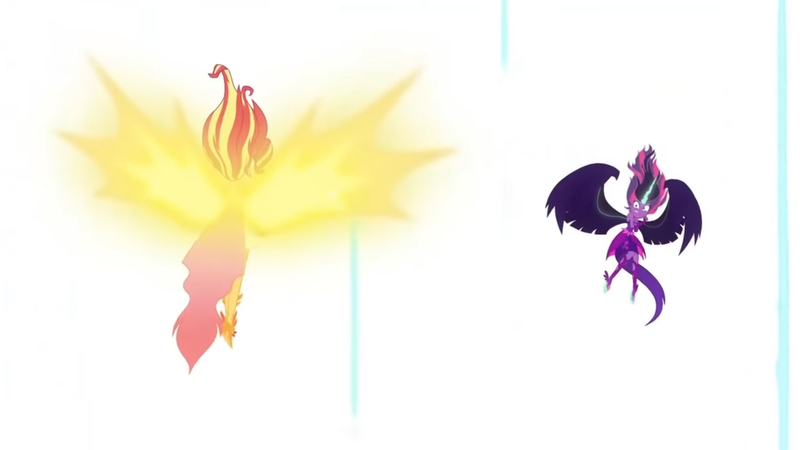 Size: 3410x1920 | Tagged: safe, derpibooru import, screencap, sci-twi, sunset shimmer, twilight sparkle, equestria girls, friendship games, bare shoulders, daydream shimmer, duo, duo female, female, high res, image, jpeg, midnight sparkle, sleeveless, spread wings, strapless, wings