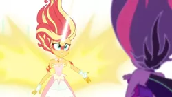Size: 3410x1920 | Tagged: safe, derpibooru import, screencap, sci-twi, sunset shimmer, twilight sparkle, equestria girls, friendship games, bare shoulders, daydream shimmer, duo, duo female, female, high res, image, jpeg, midnight sparkle, sleeveless, strapless
