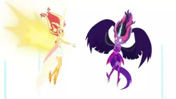 Size: 3410x1920 | Tagged: safe, derpibooru import, screencap, sci-twi, sunset shimmer, twilight sparkle, equestria girls, friendship games, bare shoulders, daydream shimmer, duo, duo female, female, high res, image, jpeg, midnight sparkle, sleeveless, spread wings, strapless, wings