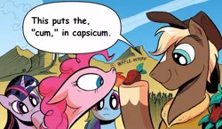 Size: 650x377 | Tagged: safe, derpibooru import, edit, editor:thor-disciple, idw, pinkie pie, earth pony, pony, chili, chili pepper, ghost pepper, hot pepper, image, jpeg, sniffing
