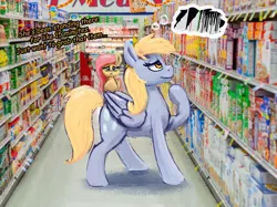 Size: 1000x746 | Tagged: safe, artist:dummyhorse, derpibooru import, derpy hooves, fluttershy, pegasus, pony, duo, female, frown, grocery store, image, irl, mare, photo, png, ponies in real life, shopping, solo focus, thinking, thought bubble