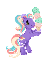 Size: 600x800 | Tagged: safe, artist:vernorexia, derpibooru import, earth pony, pony, bipedal, coloring page, cutie mark, digital art, eating, food, g3, green eyes, ice cream, ice cream cone, image, multicolored hair, peach, peach surprise, png, ponytail, purple coat, recolor, scrunchie, simple background, solo, standing, sticking tongue out, transparent background