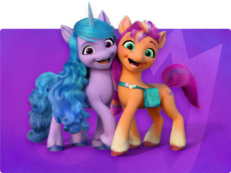 Size: 1600x1200 | Tagged: safe, derpibooru import, official, izzy moonbow, melody, sunny starscout, earth pony, pony, unicorn, my little pony: a new generation, 3d, badge, bag, banner, bracelet, g5, header, image, jewelry, jpeg, looking at you, melody note, multicolored hair, purple background, simple background, smiling, smiling at you, standing, updated, updated design