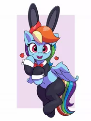 Size: 899x1198 | Tagged: safe, alternate version, artist:pabbley, derpibooru import, rainbow dash, pegasus, pony, belly button, bow, bunny ears, bunny suit, clothes, cute, dashabetes, female, floating heart, heart, image, jpeg, looking at you, mare, open mouth, open smile, pants, playboy bunny rainbow dash, reverse bunny suit, simple background, smiling, smiling at you