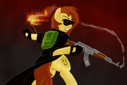 Size: 4500x3000 | Tagged: safe, artist:legendoflink, derpibooru import, oc, oc:postal mare, earth pony, pony, ak-47, angry, assault rifle, backpack, bipedal, clothes, female, fire, gun, image, looking back, mare, molotov cocktail, png, postal, postal 2, postal dude, rifle, smoke, sunglasses, trenchcoat, weapon