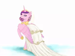 Size: 1024x768 | Tagged: safe, artist:tenebristempestas, derpibooru import, princess cadance, queen chrysalis, a canterlot wedding, clothes, disguise, disguised changeling, dress, evil grin, fake cadance, grin, image, jpeg, looking at you, looking back, looking back at you, raised hoof, simple background, smiling, solo, wedding dress