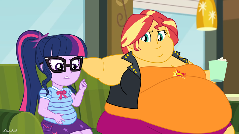 Size: 2560x1440 | Tagged: suggestive, artist:neongothic, derpibooru import, edit, edited screencap, screencap, sci-twi, sunset shimmer, twilight sparkle, equestria girls, equestria girls series, text support, bbw, breasts, chubby, fat, fat boobs, fat fetish, fetish, image, morbidly obese, obese, png, sci-twilard, slobset shimmer, ssbbw, text support: sunset shimmer, twilard sparkle, weight gain