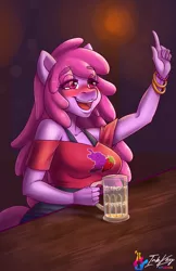 Size: 660x1020 | Tagged: safe, artist:inkkey-studios, derpibooru import, berry punch, berryshine, anthro, alcohol, bar, beer, breasts, busty berry punch, clothes, cutie mark, cutie mark on clothes, female, image, open mouth, png