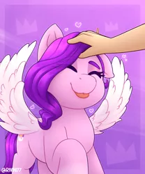 Size: 2000x2400 | Tagged: safe, artist:rivin177, derpibooru import, pipp, pipp petals, pegasus, pony, :p, birb, commission, cute, daaaaaaaaaaaw, eyes closed, g5, hand, heart, hooves up, image, pet, pipp is short, png, simple background, smoll, spread wings, tongue out, wings, your character here