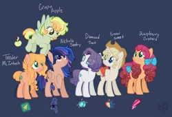 Size: 2048x1390 | Tagged: safe, artist:adiwolfsong, derpibooru import, oc, oc:crispin apple, oc:diamond tart, oc:nebula sentry, oc:raspberry custard, oc:snow sweet, oc:tender mcintosh, unofficial characters only, earth pony, pegasus, pony, unicorn, base used, blue background, bow, colored pupils, cowboy hat, earth pony oc, eye clipping through hair, female, food, food in hair, freckles, hair bow, half-siblings, hat, horn, image, jpeg, magical lesbian spawn, mare, next generation, offspring, parent:applejack, parent:big macintosh, parent:cheese sandwich, parent:flash sentry, parent:fluttershy, parent:pinkie pie, parent:rainbow dash, parent:rarity, parent:twilight sparkle, parents:appledash, parents:cheesepie, parents:flashlight, parents:fluttermac, parents:rarijack, pegasus oc, siblings, signature, simple background, sisters, sprinkles, tail, tail bow, unicorn oc, wings