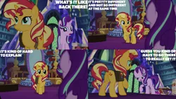 Size: 1280x720 | Tagged: safe, derpibooru import, edit, edited screencap, editor:quoterific, screencap, starlight glimmer, sunset shimmer, pony, unicorn, equestria girls, mirror magic, spoiler:eqg specials, bag, duo, female, image, jpeg, library, mare, open mouth, open smile, saddle bag, smiling, text, twilight's castle, twilight's castle library